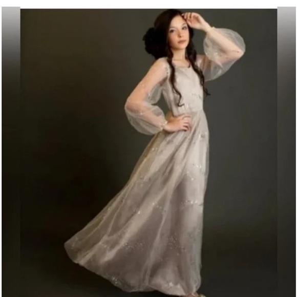 Joyfolie Mia Joy Champagne Sparkly Layla Long Sleeve Maxi Dress -  www.greenwatershopping.com
